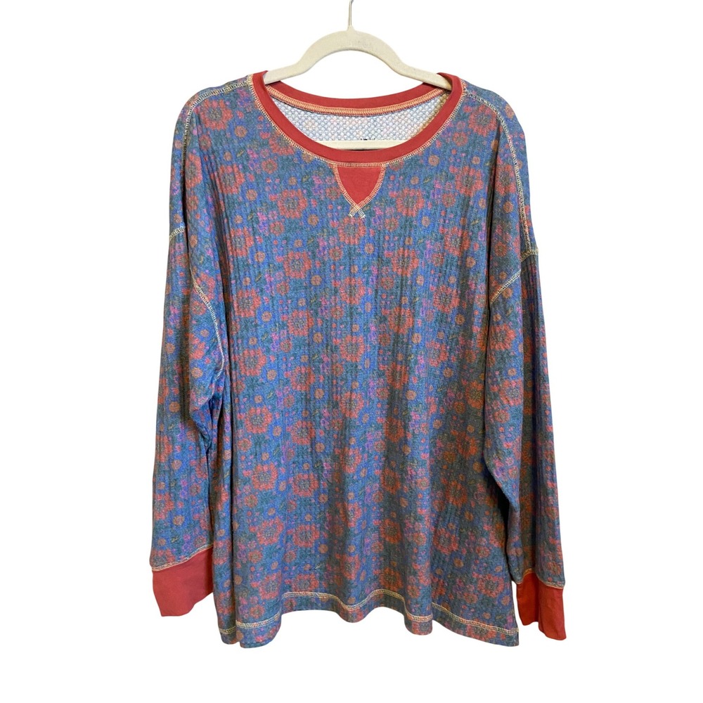 Natural Life Blue Red Floral‎ Waffle Knit Thermal Long Sleeve Shirt Size M